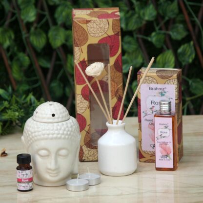 Reed Diffuser Gift Pack With Buddha Candle DIffuser Combo -  6 Reeds+1 Reed Jar+100ml Reed Oil (in Box) + Buddha Candle Diffuser + 2 Tealight + One 10Grams Oil